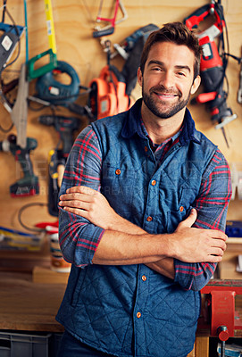 Buy stock photo Man, tools and portrait in workshop or garage for diy, repair and maintenance for job, skill or tradesman. Artisan, handyman or carpenter with smile and confident with equipment for repairs indoor 
