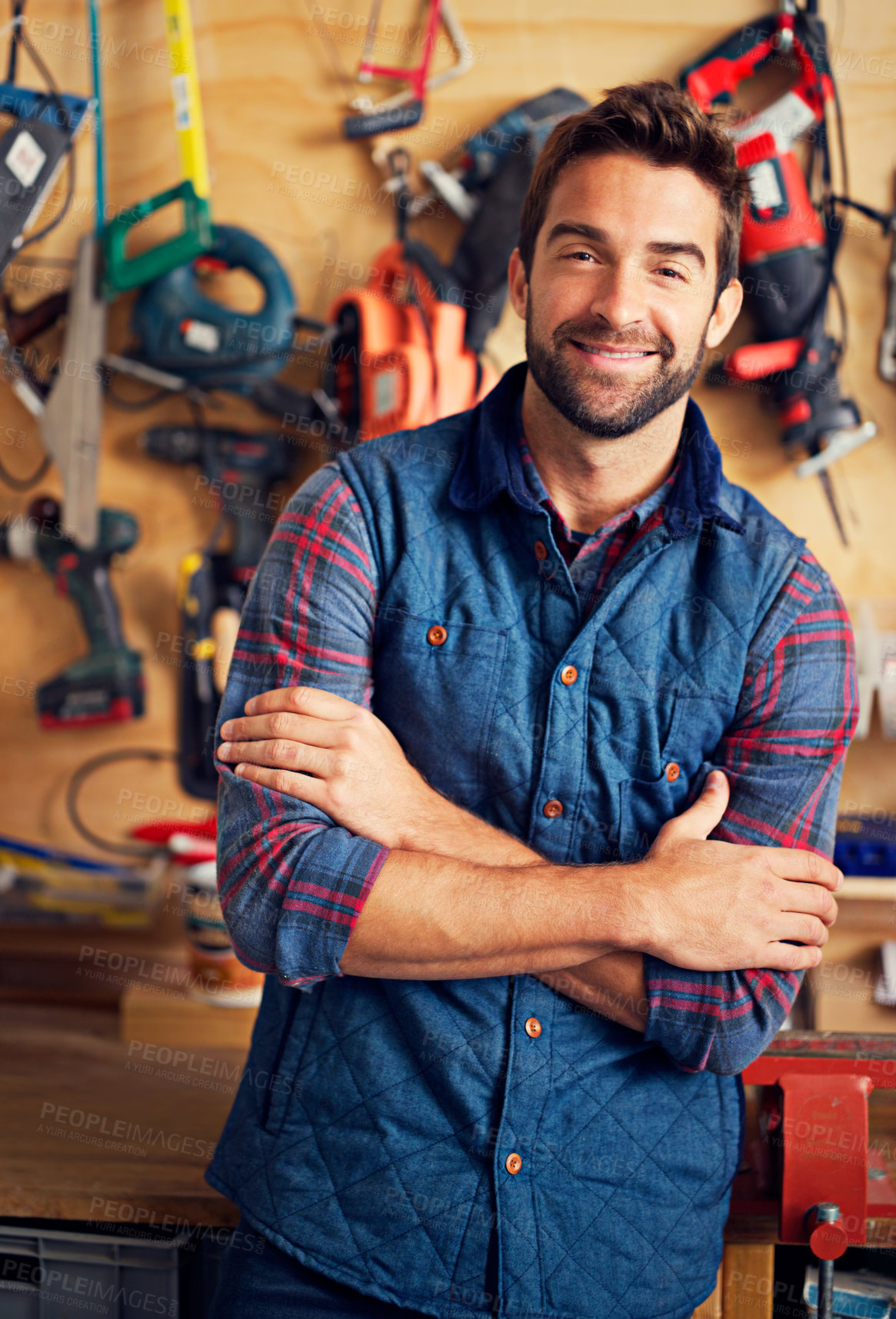 Buy stock photo Man, tools and portrait in workshop or garage for diy, repair and maintenance for job, skill or tradesman. Artisan, handyman or carpenter with smile and confident with equipment for repairs indoor 