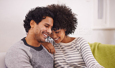 Buy stock photo Couple, couch and touch for care and love in home, smile and proud of marriage and commitment. Happy people, affection and relax on sofa in living room on weekend, support and trust in relationship