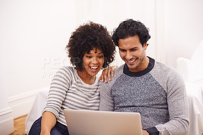 Buy stock photo Couple, laptop and living room with technology, smile and love for home or house. Man, woman and lounge for internet, tech and social media for bonding and happy relationship or marriage on sofa