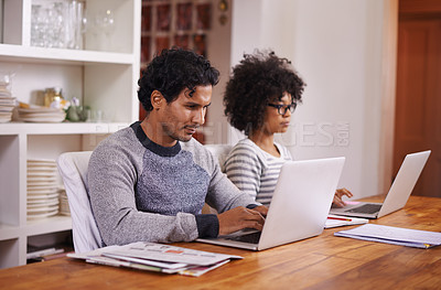 Buy stock photo Couple, laptop and remote work with house, tech and internet for career or job. Man, woman and technology with table, home office and startup for connectivity with love and relationship in apartment