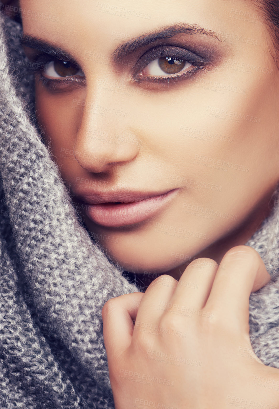 Buy stock photo Closeup, makeup and portrait of woman for beauty, cosmetics and with scarf isolated on gray background. Female person, gen z girl and student with face, eyeshadow and skin care for cosmetology