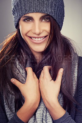 Buy stock photo Woman, studio and portrait of winter fashion, smile and happy female person with wool clothes and cosmetic beauty. Makeup, face and comfort for warm or style on model, confident on background