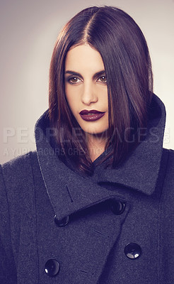 Buy stock photo Coat, winter fashion or woman in studio thinking of a cool, trendy jacket or comfortable outfit. Face, makeup or serious model with satisfaction in cosy, style or casual clothing on grey background 