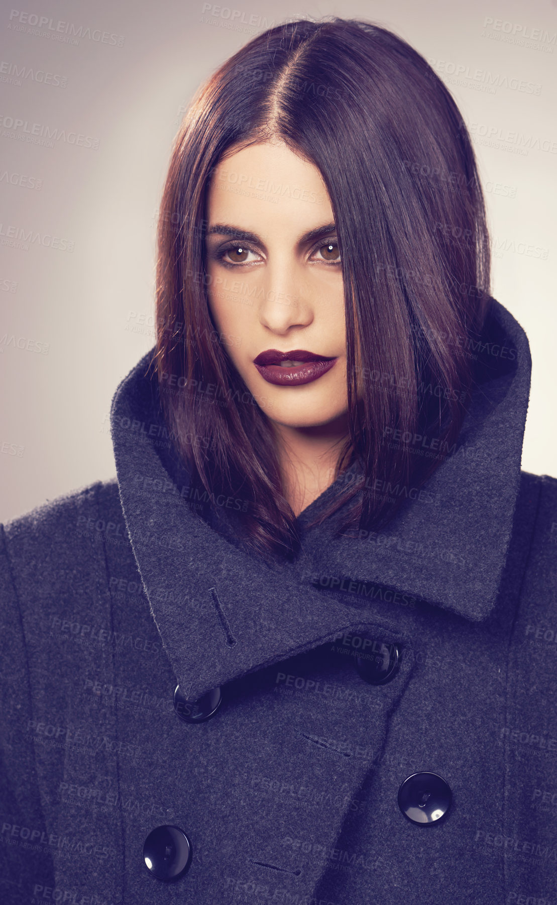 Buy stock photo Coat, winter fashion or woman in studio thinking of a cool, trendy jacket or comfortable outfit. Face, makeup or serious model with satisfaction in cosy, style or casual clothing on grey background 