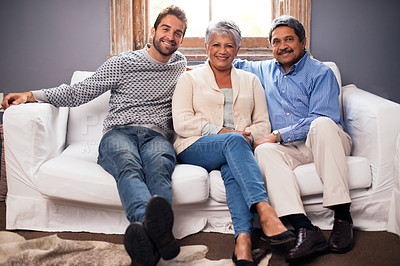 Buy stock photo Sofa, smile and portrait of family relax at home, apartment and house for love, bonding and affection. Elderly people, parents and man with mother, father or relatives in living room, lounge or couch