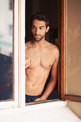 Buy stock photo Man, shirtless or window as thinking, body or idea of summer to relax, planning or vision of vacation. Guy, tourist or memory of dream, holiday or confidence as muscular, leisure or daydream