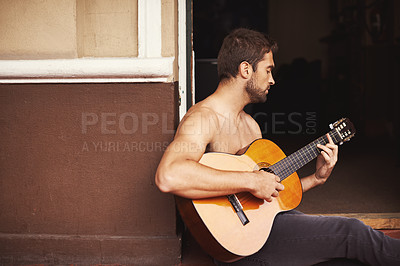 Buy stock photo Guy, guitar or play of music to relax, thinking or planning of creative, vision or idea as dream sound. Man, performance or musical instrument as talent, note or inspiration for acoustic weekend