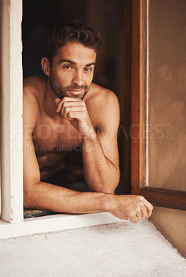Buy stock photo Portrait, window and shirtless man in home with confidence, relax and thinking in apartment alone in the morning. Face, body and male person with muscle, strong abs and health in house in Portugal