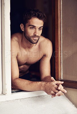 Buy stock photo Confident, man or thinking of grooming, skincare or future of wellness, planning or idea as vision. Beard, male person or glow in window to relax on vacation as memory, inspiration or dermatology