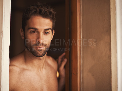 Buy stock photo Man, shirtless or thinking of idea, morning and question or planning, relax or vision of summer holiday. Guy, tourist or memory of dream, vacation or house to imagine, solution or rest and relaxation