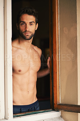 Buy stock photo Portrait, wellness and muscular with man, shirtless and happy with stomach and healthy with confidence, home and window. Face, topless and guy with body and apartment with peace, relaxing and calming