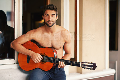 Buy stock photo Guitar, portrait or man in home for music, performance or entertainment with sound, rhythm or talent. Learning solo, topless artist or creative musician playing an instrument for practice routine