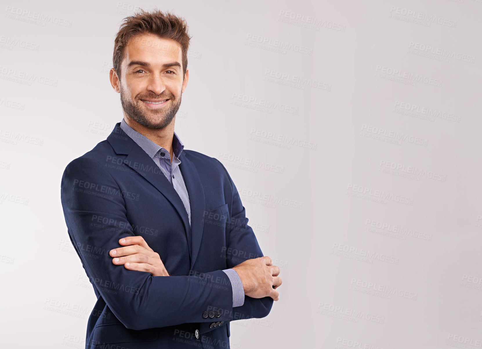 Buy stock photo Portrait of confident business man, arms crossed in a suit with smile isolated on studio background. Professional mindset, career success and mockup space with corporate male employee and pride