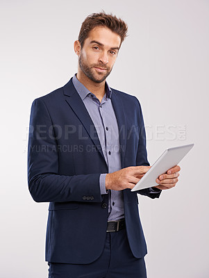Buy stock photo Business man with tablet in portrait, technology and communication for company isolated on studio background. Internet, connectivity and networking, professional male with tech and corporate career