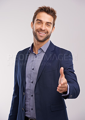 Buy stock photo Business man in portrait, smile and shaking hands with agreement and hiring on studio background. Corporate deal, recruit with thank you or welcome handshake with collaboration and professional male