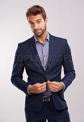 Buy stock photo Portrait, studio and professional businessman with confident, corporate fashion and pride. Salesman, consultant or entrepreneur man in business suit with stylish gentleman clothes on white background