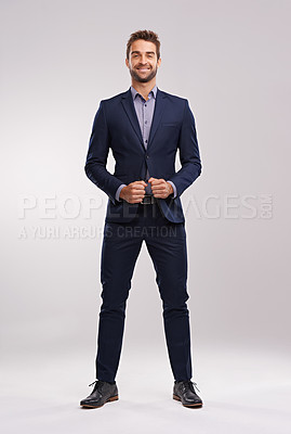 Buy stock photo Portrait, studio and happy businessman with confidence, corporate fashion and pride. Salesman, consultant or entrepreneur man in business suit with stylish gentleman clothes on white background