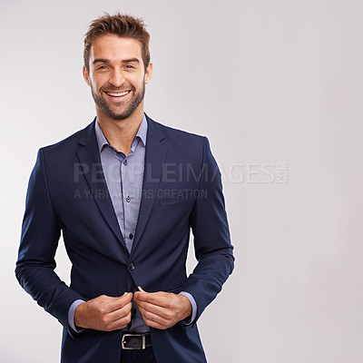 Buy stock photo Studio portrait of a handsome well-dressed man against a gray background