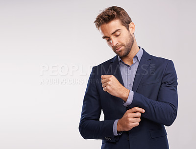 Buy stock photo Mockup, studio and professional businessman with confidence, corporate fashion and pride. Salesman, consultant or entrepreneur man in business suit with stylish gentleman clothes on white background