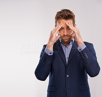 Buy stock photo Entrepreneur, man and studio with stress or headache for company, deadline and corporate person on white background. Frustrated, businessman and work for start up business in suit and professional
