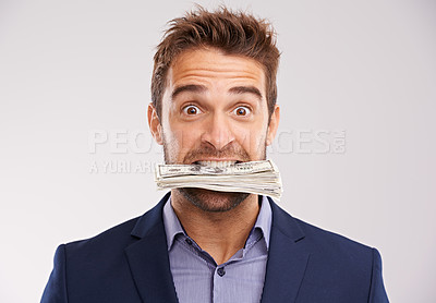Buy stock photo Portrait, man and cash in his mouth, employee and prize with investment on white studio background. Face, accountant and trading with person biting money and entrepreneur with bonus, rich or salary
