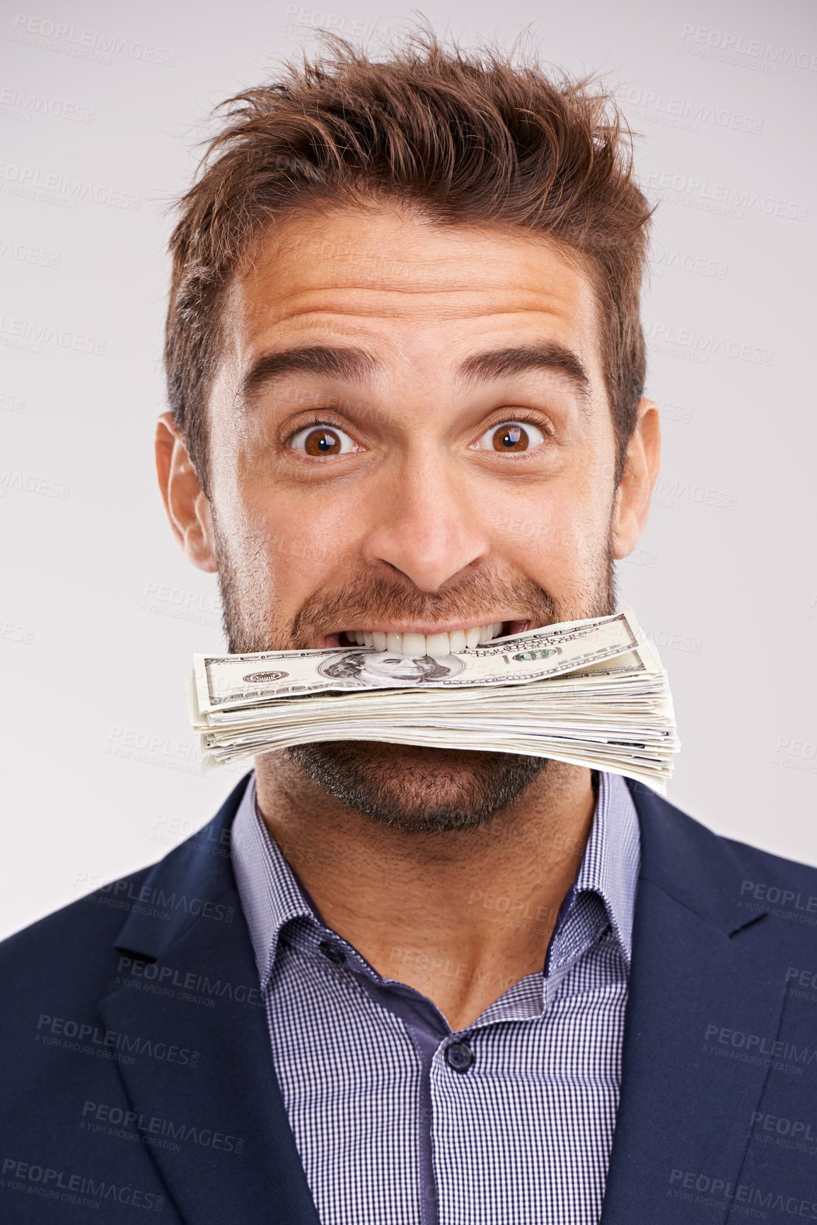 Buy stock photo Portrait, business and man with cash in his mouth, financial and prize on white studio background. Face, accountant and trading with employee biting money or entrepreneur excited with bonus or salary