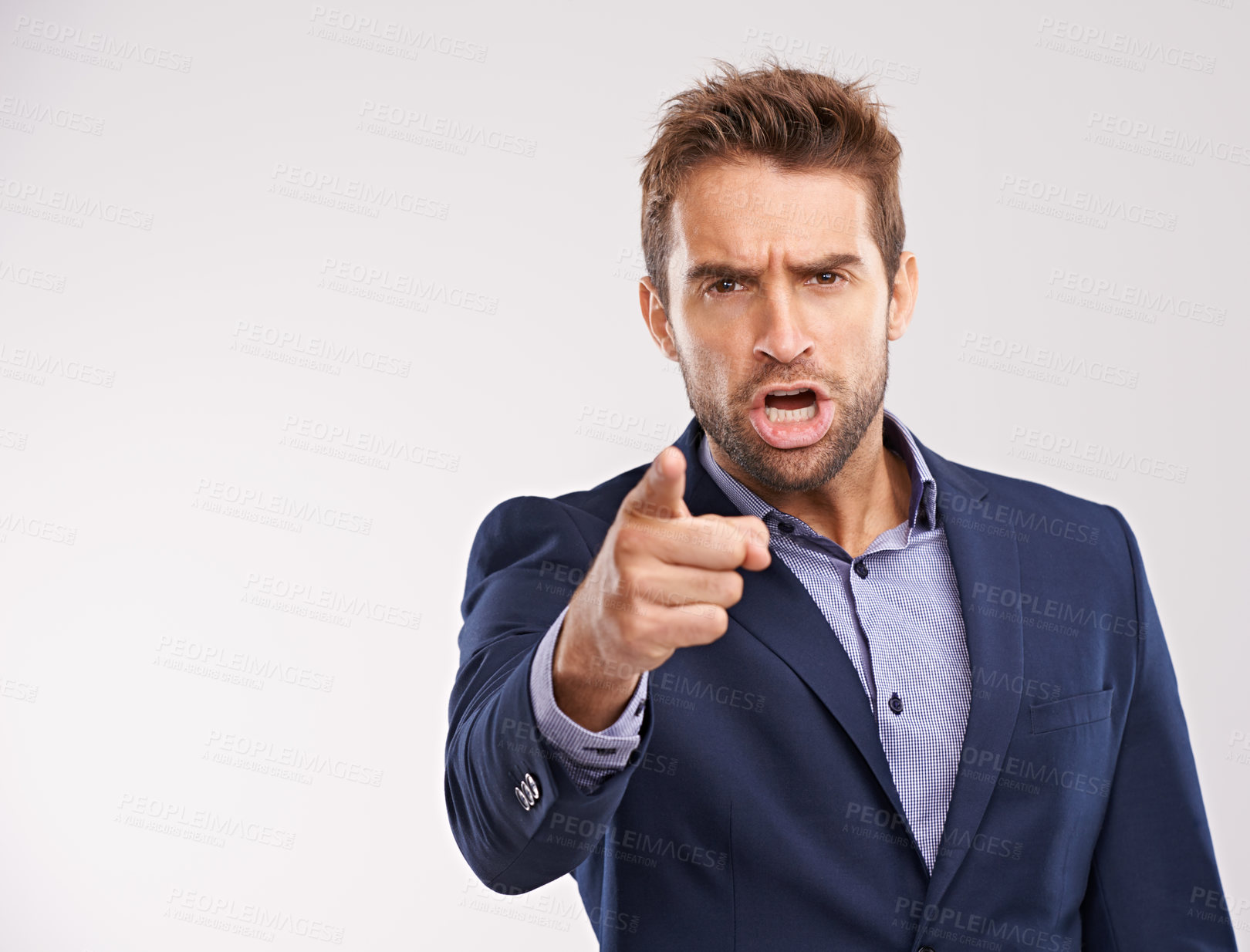 Buy stock photo Entrepreneur, man and shout with pointing in studio white background to blame, angry and disappointed. Portrait, businessman and furious or upset in suit and professional with start up company 