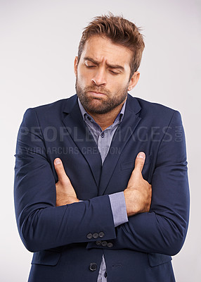 Buy stock photo Corporate, man and sad in studio with arms crossed on white background with deadline and business concern. Upset, entrepreneur and frustrated or disappointed with company growth and professional