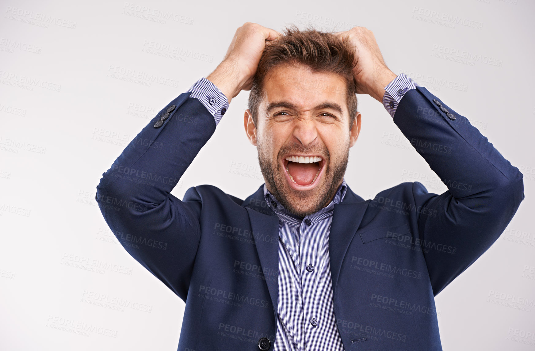 Buy stock photo Entrepreneur, man and stream or frustrated in studio on white background with furious, anger and upset. Portrait, businessman and hands in head to shout or angry with company deadline in suit.