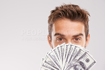 Buy stock photo Man, portrait and money fan in front of face with cash, dollars and financial success isolated on studio background. Economic stability, finance and bonus with reward, wealthy male and mockup space