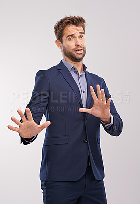 Buy stock photo Businessman, hand gesture and studio to refuse or decline business offer with concern on white background. Portrait entrepreneur and reject with move away to deny accusations  as corporate person.