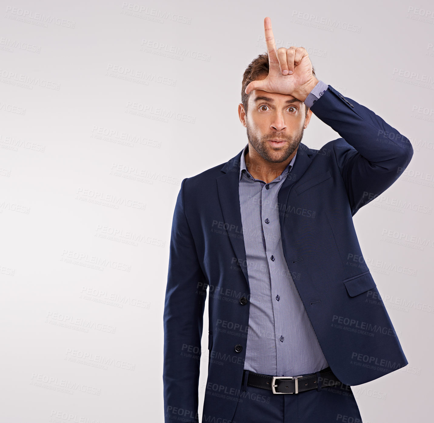 Buy stock photo Portrait, employee or man with loser gesture, startup failure or facial expression on white studio background. Face, agent or consultant with emoji or L sign with social media or review with feedback
