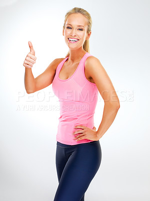 Buy stock photo Portrait, personal trainer and woman with thumbs up for exercise, studio and support or vote for fitness. Adult, female person and girl with smile for workout, happiness and thank you for training