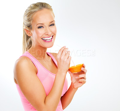 Buy stock photo Woman, portrait and orange fruit with straw for healthy nutrition or vitamin c fiber, drinking or white background. Female person, face and diet wellness in studio or self care, lose weight or mockup