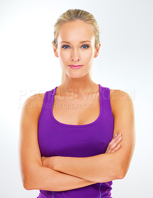 Buy stock photo Woman, portrait and confident in studio for exercise or healthy diet with nutrition and fitness for slim body or fit figure. Female person, workout and isolated on white background with mockup