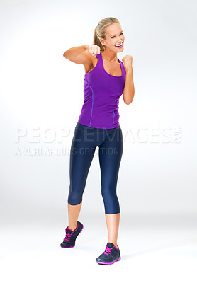 Buy stock photo Boxing, martial arts and woman with exercise in portrait for sports, energy and action isolated on white background. MMA, fight and boxer for fitness in studio, challenge and performance with workout