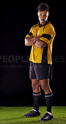 Buy stock photo Portrait, referee or man with arms crossed in sports game on turf ready for warning, foul call or football. Soccer match, discipline or male person in studio for rules or caution on black background