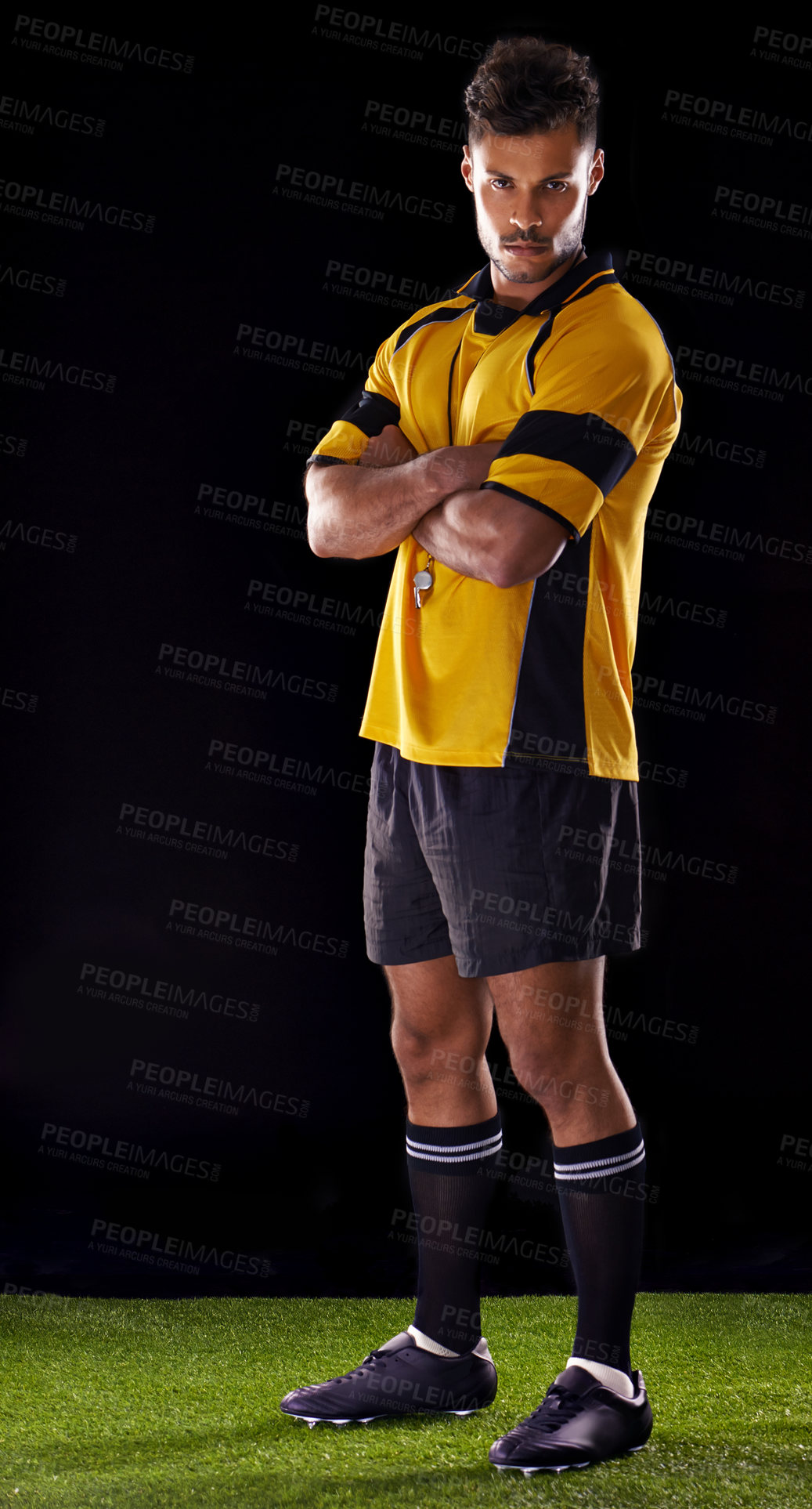 Buy stock photo Portrait, referee or man with arms crossed in sports game on turf ready for warning, foul call or football. Soccer match, discipline or male person in studio for rules or caution on black background