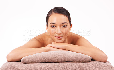 Buy stock photo Woman, relax portrait in spa for massage, wellness, and treatment for body, detox and luxury. Model or young person and laying for rest on table for break, care and beauty for holiday and calm