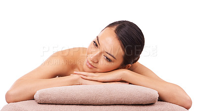 Buy stock photo Relax, spa and woman for wellness, massage therapy and luxury treatment for stress relief on white background. Natural, skincare and female person for zen, self care and detox on studio backdrop