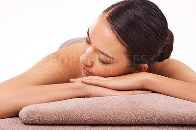 Buy stock photo Relax, spa and woman resting for wellness, massage therapy and luxury treatment for stress relief on white background. Natural, skincare and person for zen, self care and detox on studio backdrop
