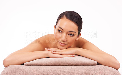 Buy stock photo Spa, wellness and woman in studio for massage, relax and luxury treatment for stress relief on isolated white background. Natural, skincare and female model person for zen, self care and detox