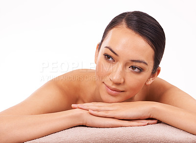 Buy stock photo Relax, spa and woman in studio for wellness, massage therapy and luxury treatment for stress relief on isolated white background. Natural, skincare and female person for zen, self care and detox