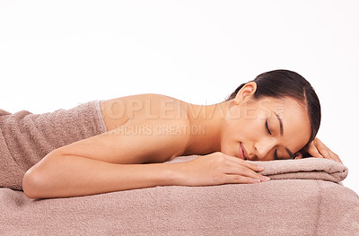 Buy stock photo Spa, massage and peace with woman, wellness and person isolated on white studio background. Holiday, mockup space and model with vacation and calm with hospitality industry and zen with stress relief