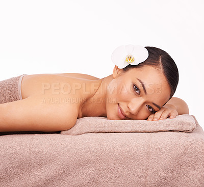 Buy stock photo Spa, relax and portrait of woman in studio for massage, wellness or luxury treatment for stress relief. Natural, skincare and female person with flower for zen, self care or detox on white background