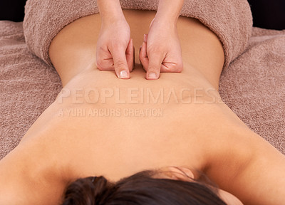 Buy stock photo Hands, health and woman with back massage at spa for wellness, self care and grooming treatment. Skin, calm and female person with masseuse for body routine on table for zen or peace resort.