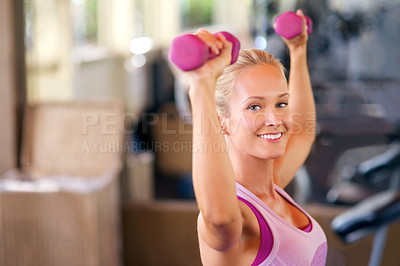 Buy stock photo Weights, fitness and portrait of woman in gym with arm workout for strength, health and muscle. Dumbbells, exercise and female athlete with weightlifting training with equipment in sports center.