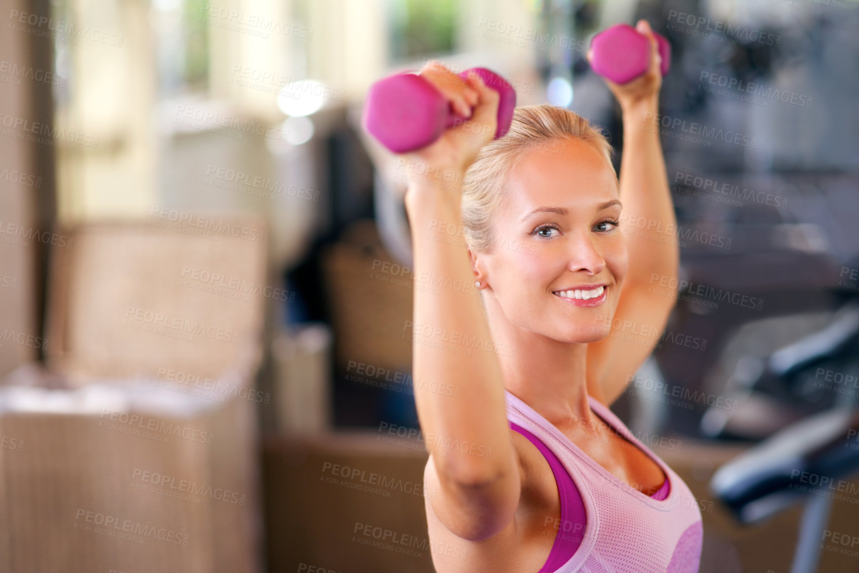 Buy stock photo Weights, fitness and portrait of woman in gym with arm workout for strength, health and muscle. Dumbbells, exercise and female athlete with weightlifting training with equipment in sports center.