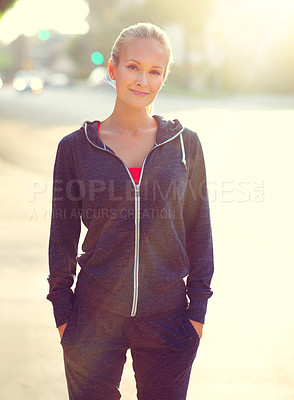 Buy stock photo Happy woman, portrait and city with confidence for fitness, exercise or outdoor workout. Female person, blonde or athlete in proud happiness for health and wellness in the street of an urban town